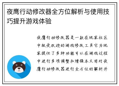 夜鹰行动修改器全方位解析与使用技巧提升游戏体验