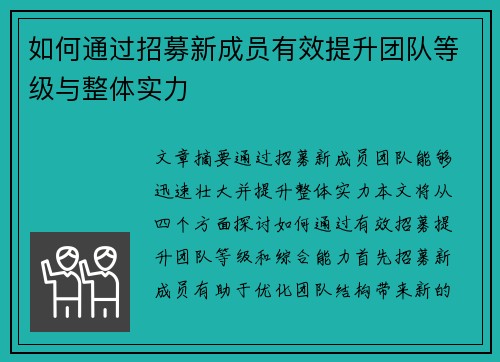 如何通过招募新成员有效提升团队等级与整体实力 如何通过招募新成员有效提升团队等级与整体实力